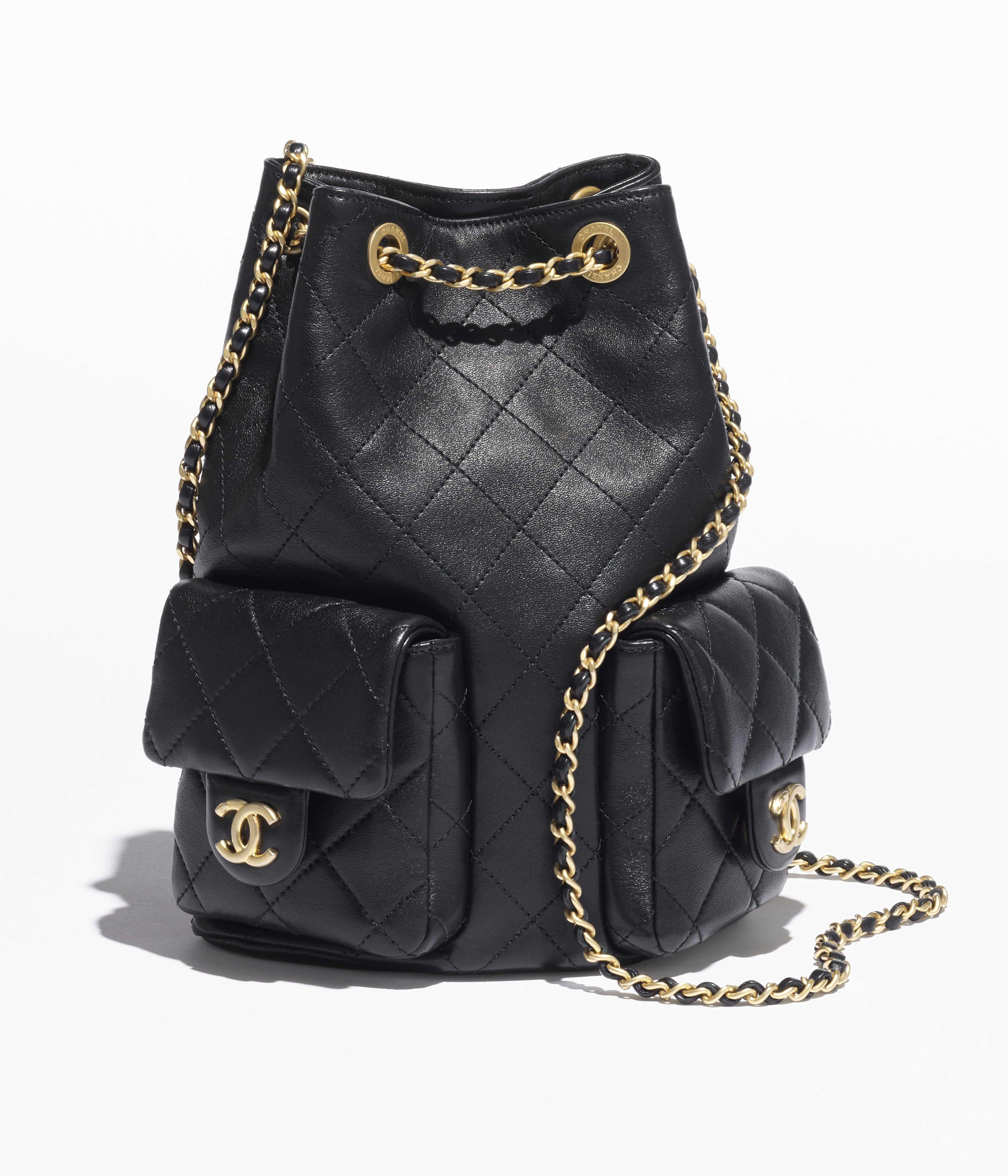 Mochila - Negro - Piel de cordero efecto brillo y metal dorado - 